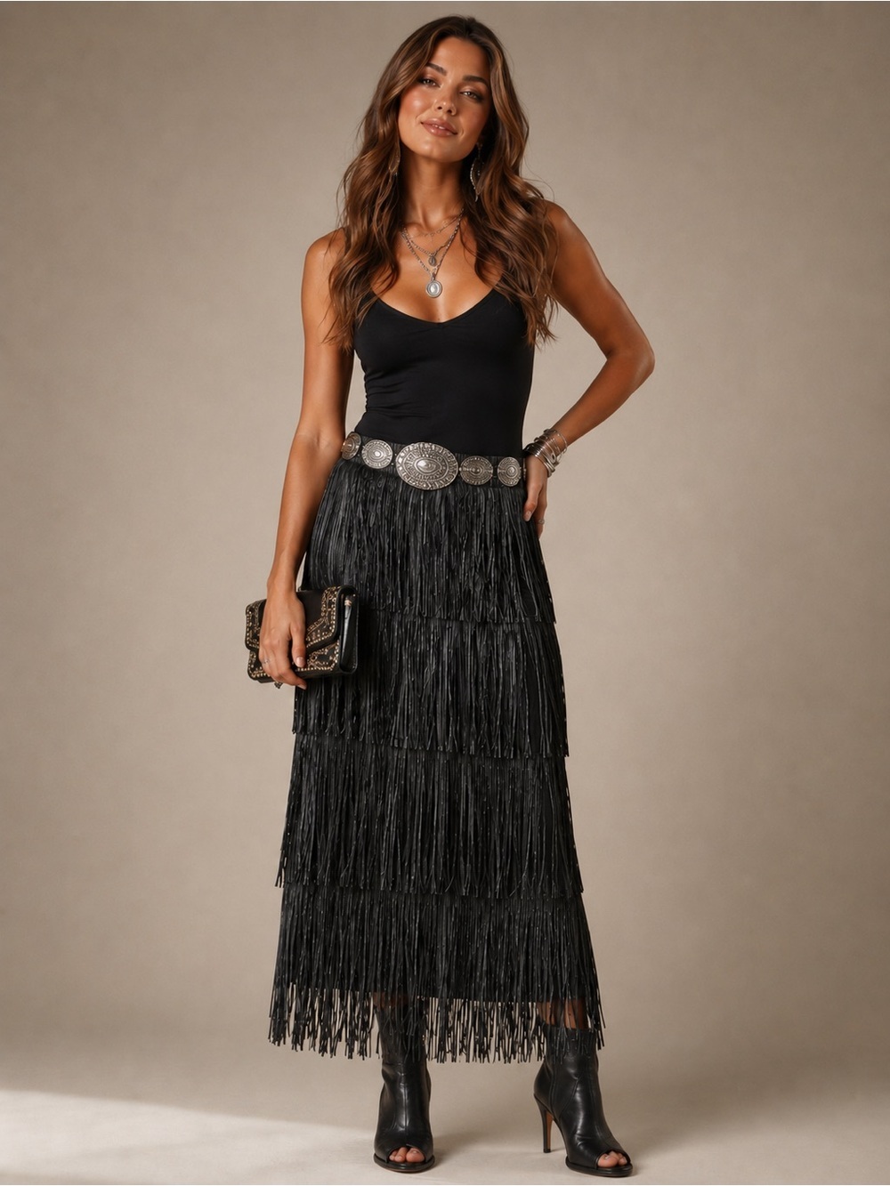 JOT Black Tiered Fringe Midi Skirt Festival Western Boho Statement Skirt O/S